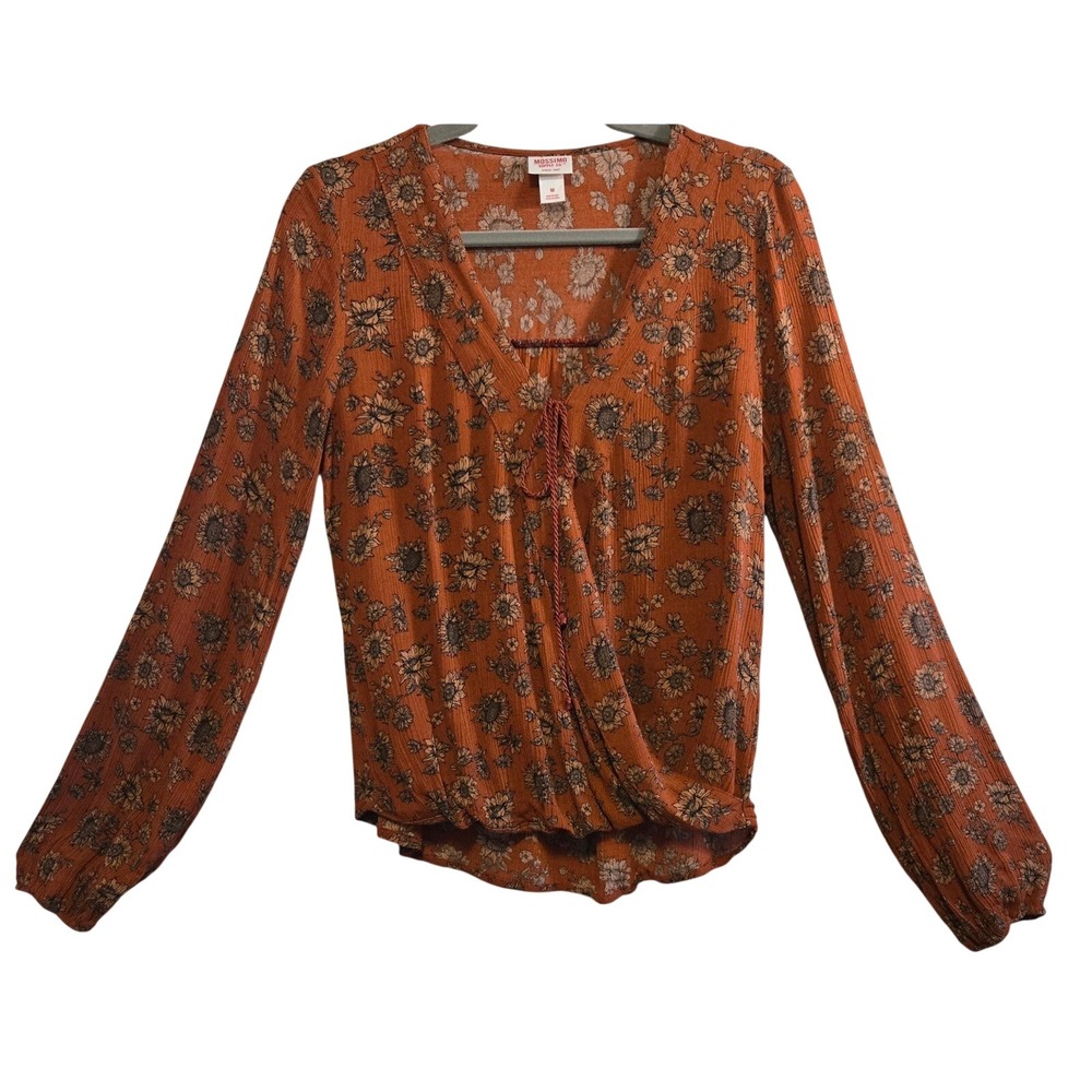 Mossimo Cottage Boho Chic Rust Orange Sunflower Long Sleeve Surplice Wrap Top M